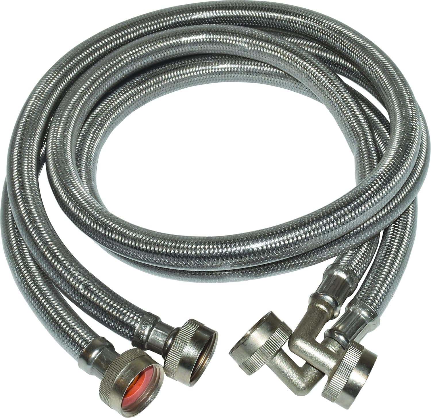 Eastman Washing Machine Connector, Pack of 2, 3/4 Inch FHT Connection, 90 Degree Elbow, 4 Foot Braided Stainless Steel Washing Machine Hoses, 48376
