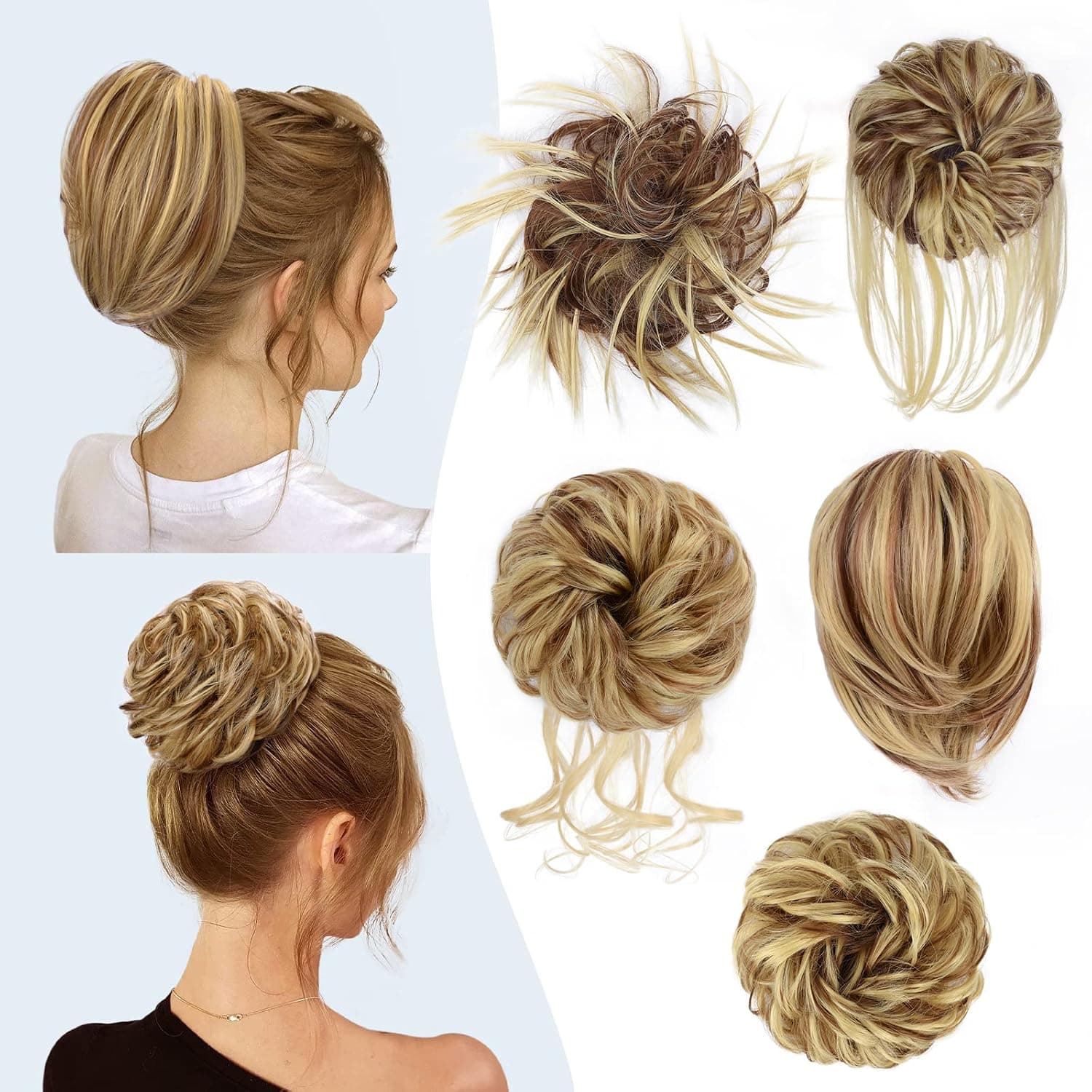 HMD 5 Pieces Messy Hair Bun Hairpiece Tousled Updo for Women Hair Extension Ponytail Scrunchies with Elastic Rubber Band Long Updo Messy Hairpiece Hair Accessories Set for Women（Light Blonde & Light Brown）