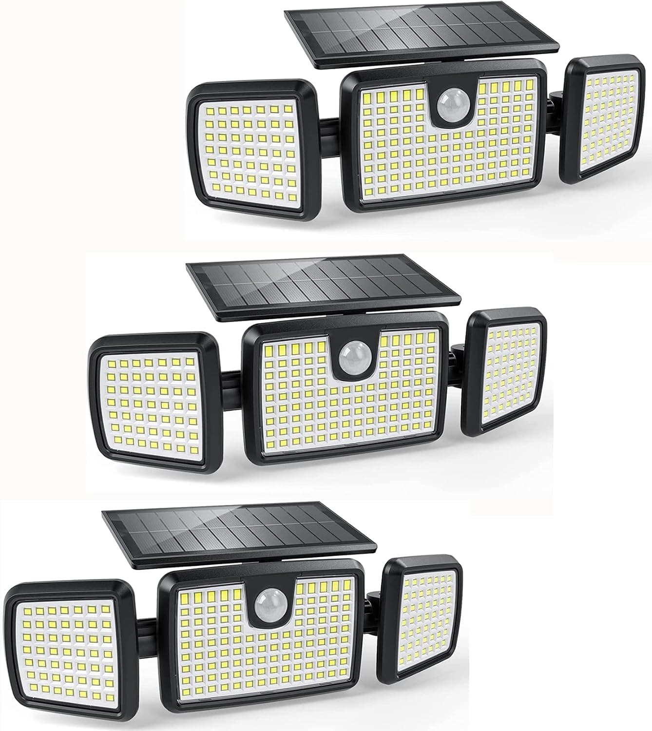 Solar Lights Outdoor, 3 Head Solar Motion Lights Outdoor with 2500LM 218 LEDs High Brightness, Built-in Bigger Tempered Glass Solar Panel, Sensitive PIR Motion Inductor (3-Pack)