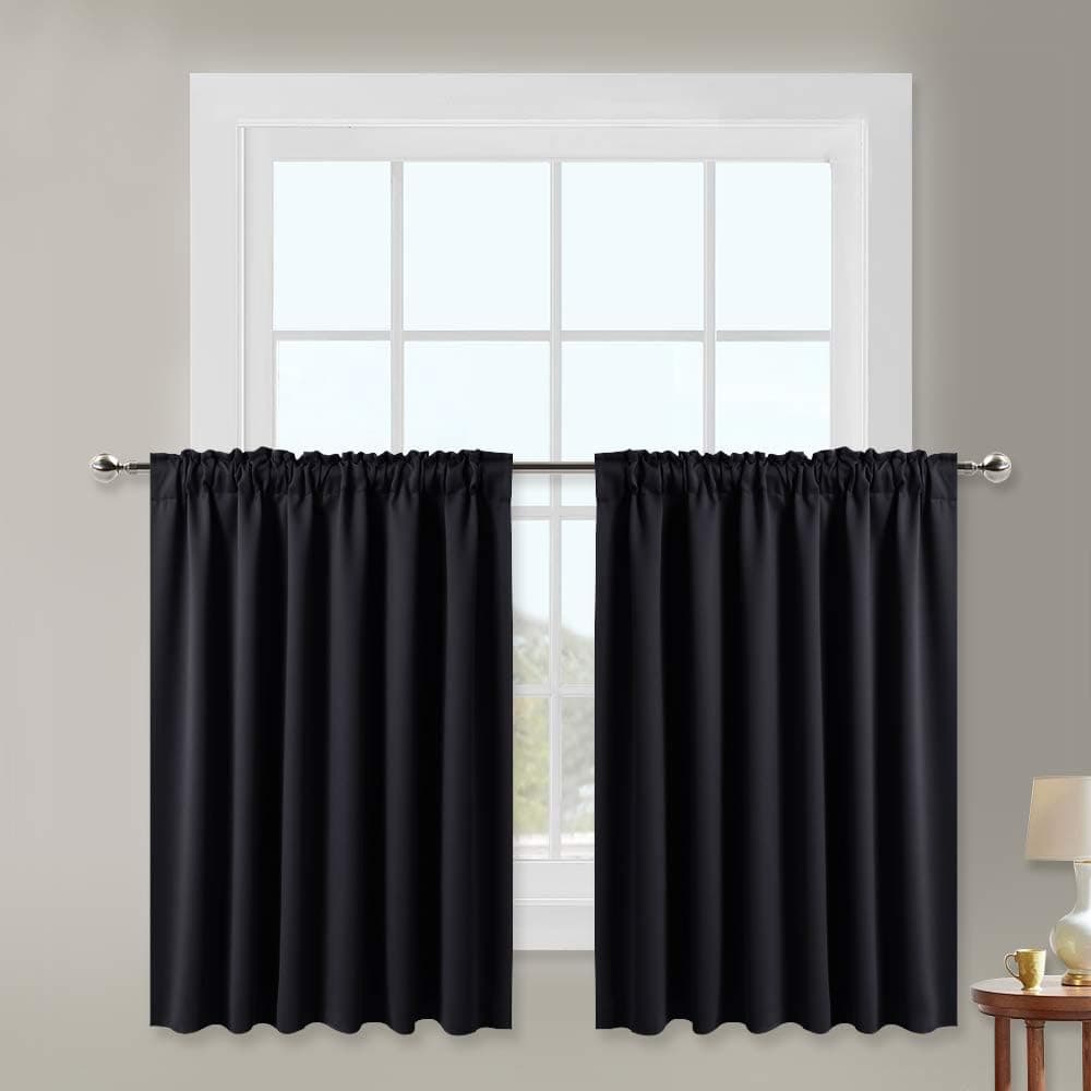 NICETOWN Blackout Drapes for Small Window - Functional Plain Rod Pocket & Back Tab Tier Panels for Cafe (Black, 2 Pieces per Package, W52 x L36-Inch)