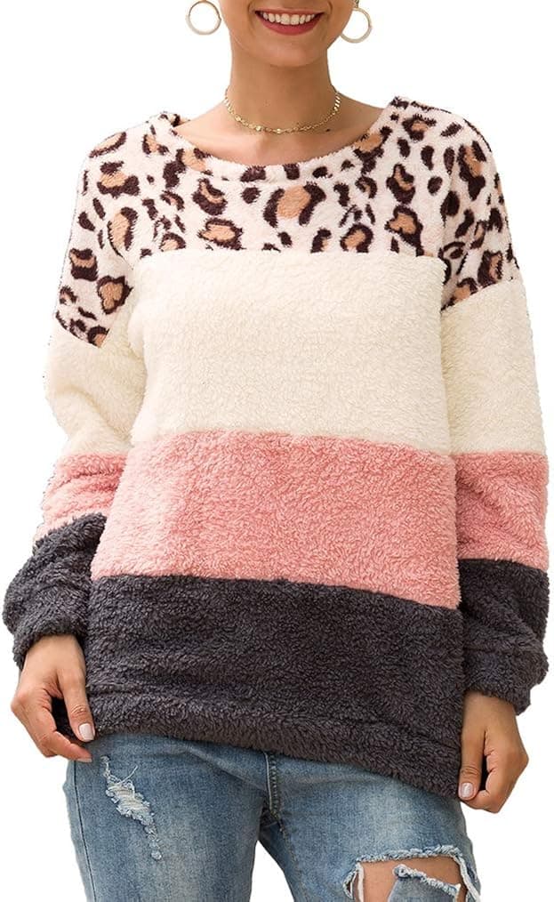Locryz Women's Cute Leopard Sherpa Pullover Sweatshirt Casual Long Sleeve Color Block Fuzzy Fleece Coat Outerwear Tops