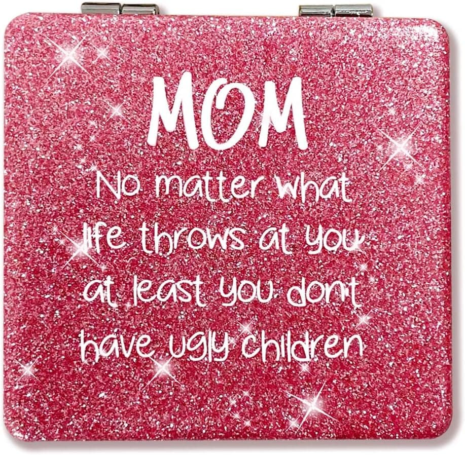 Mothers Day Mom Gifts Mirror, Compact Makeup Mirror Unique Gift for Mothers Day, Pink Glitter PU 1X/2X Magnification, Ultra Portable Pocket for Purses（Pink Square）