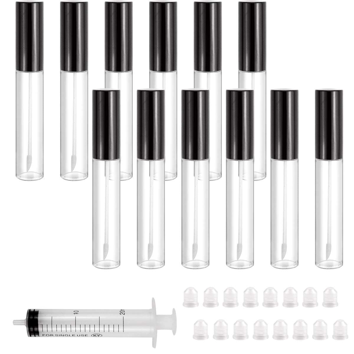 SKPPC 12 Pack Lip Gloss Tube Empty Refillable Lip Balm Bottle, 10ml Black Lip Gloss Containers, Reusable Lipstick Bottle with Rubber Insert Stoppers for Lip Gloss Balm Cosmetic