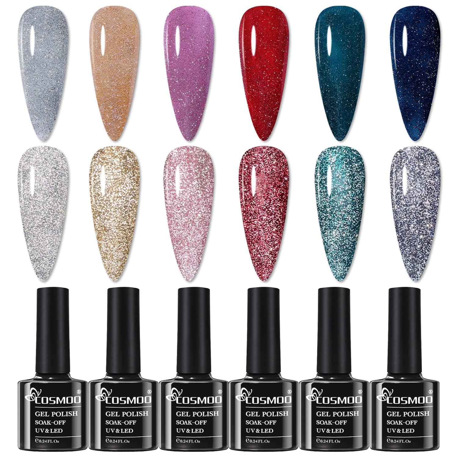 COSMOO Reflective Gel Nail Polish Reflective Glitter Diamond Flashing Disco Reflective UV Gel Polish Set Black Silver Shimmer Gel Kit (Reflective Glitter Set-E)
