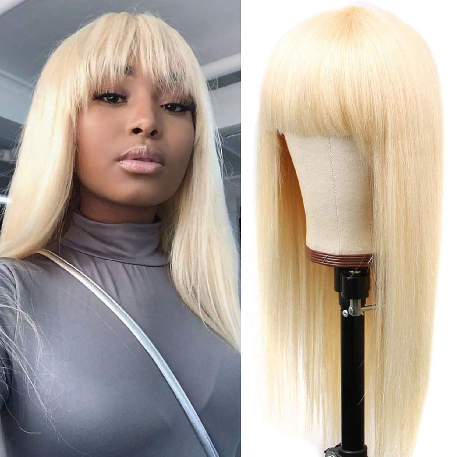 613 Human Hair Wigs With Bangs Pre Plucked Blonde Glueless Natural Hairline None Lace Wig Can Be Dyed Peruvian Straight Hair Wig For Women 150 Density (16 inch, 613 straight wig with bangs)