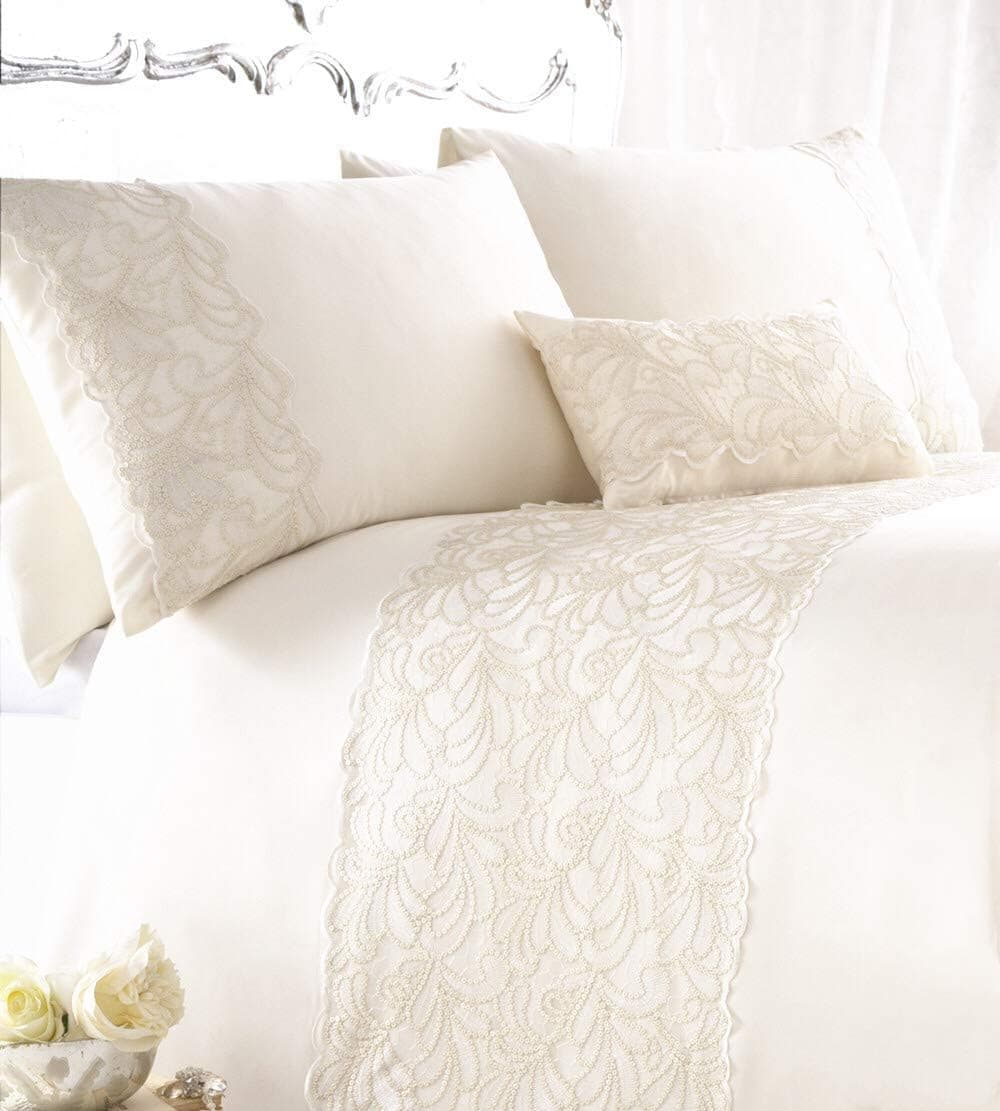 Ivory Duvet Cover King with Lace and Soft Sequin, Embroidery Floral Pattern Cream White 3PC Bed Duvet Cover for Girls Bedroom, Guestroom and Wedding Theme, 104" x 90"