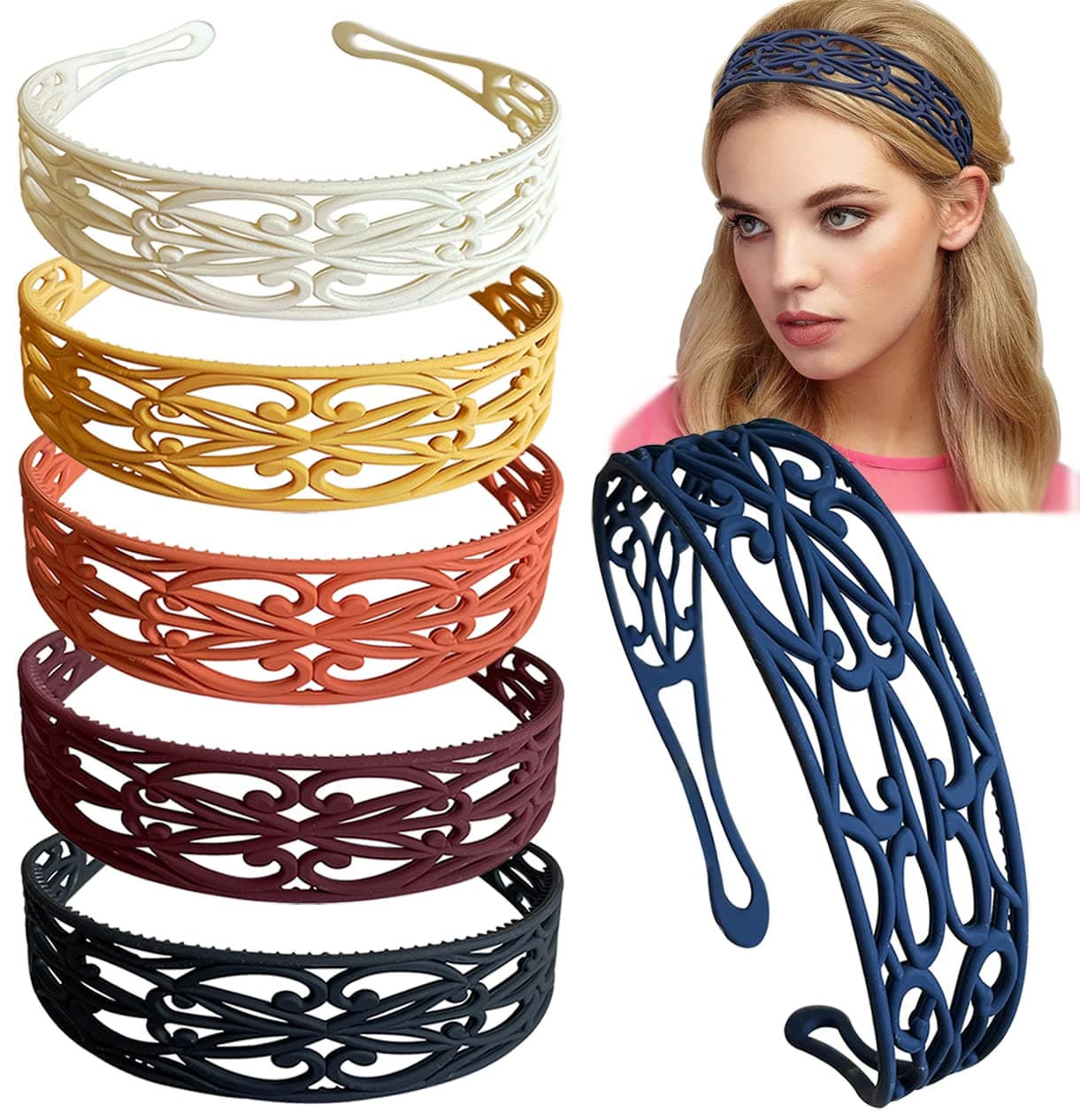 6pcs Fashion Plastic Headbands for Women Girls Flower Solid Hair Headbands with Tooth Hard Hair Accessories
