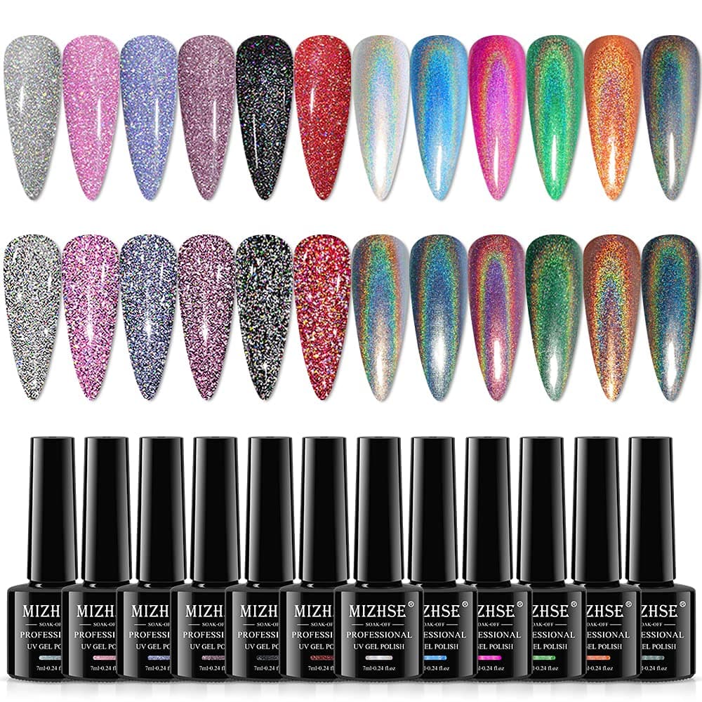 MIZHSE 6 Glitter Gel Nail Polish + 6 Holographic Gel Nail Polish, Sparkle Shiny Gel Polish Galaxy Glossy Nail Lacquer Rainbow Nail Pigment Soak Off UV LED Nail Art Gift Set