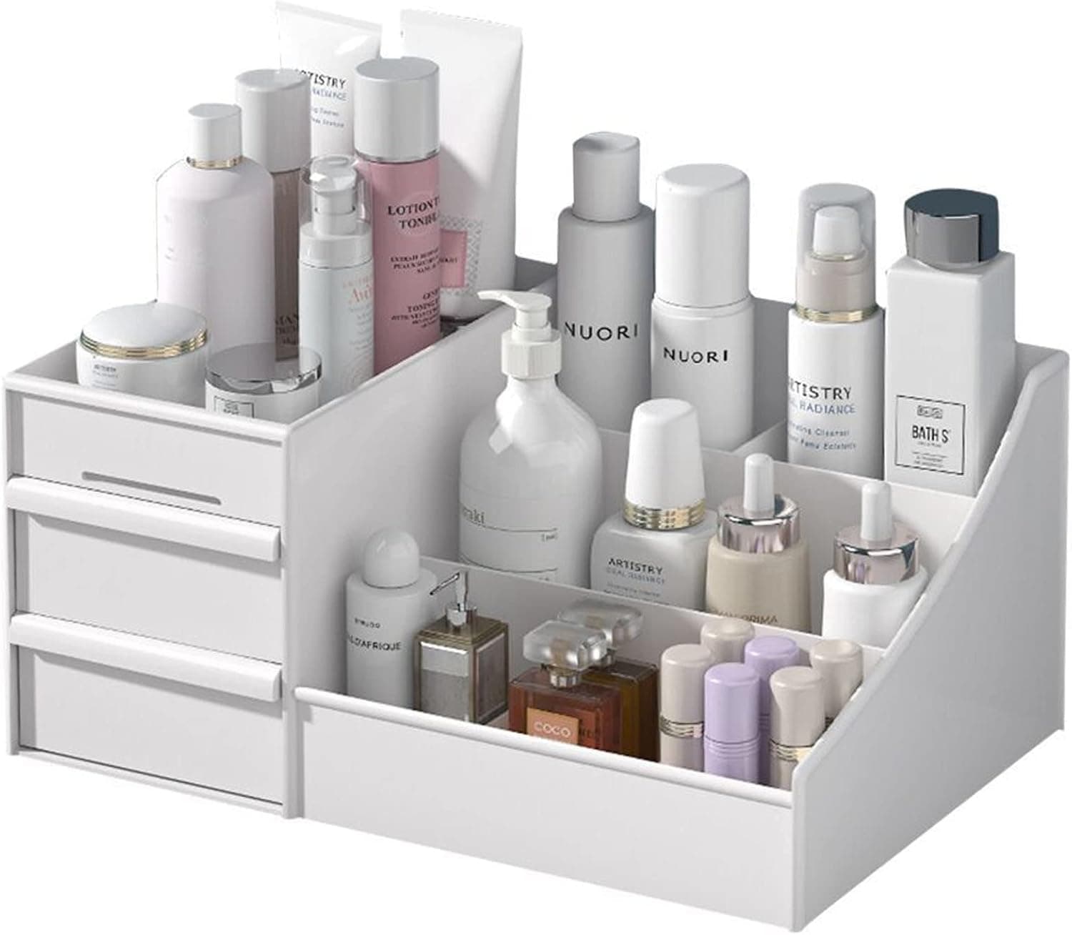 Makeup Organizer With Drawers, Dormitory Skin Care Bathroom Organizer, Countertop Storage for Cosmetics, Vanity Holder for Brushes, Eyeshadow, Lotions, Lipstick, Nail Polish and Jewelry (White)