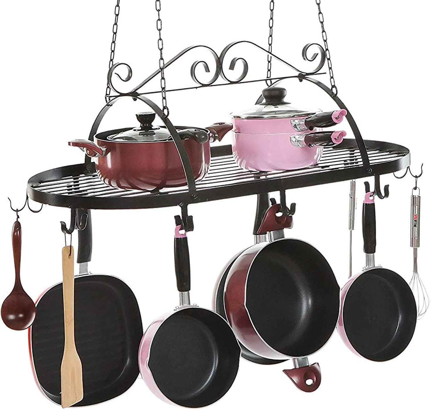 MyGift Black Scrollwork Metal Pot and Pan Ceiling Hanging Rack Heavy Duty Cooking Pans and Utensil Hanger with 10 Dual Hooks