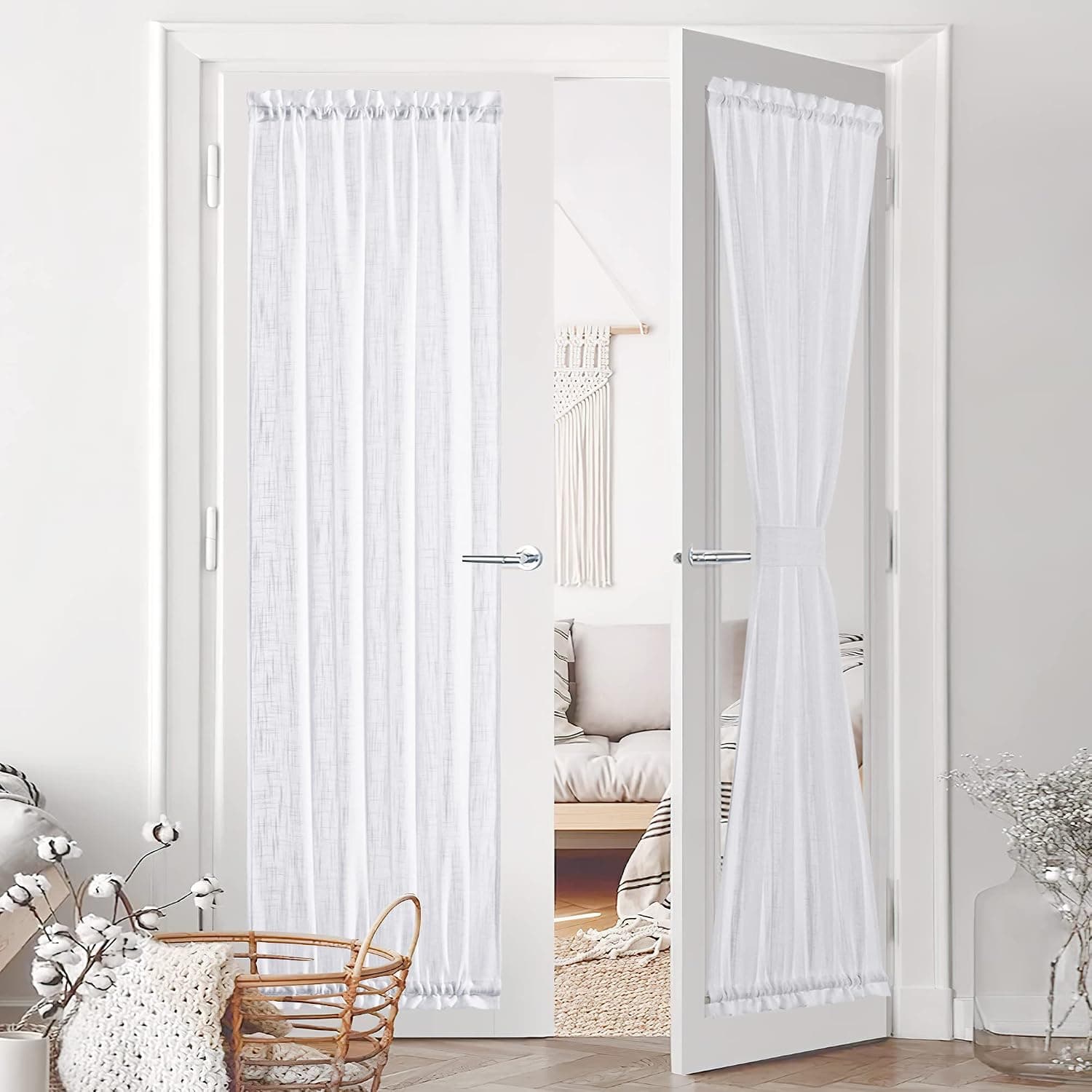 RYB HOME Sidelight Curtains for French Door - Semi Sheer Linen Fabric Sheer Door Curtains for Glass Door Bedroom Living Room Kitchen Entry Door Front Door, 2 Free Tiebacks, 52" x 72", White