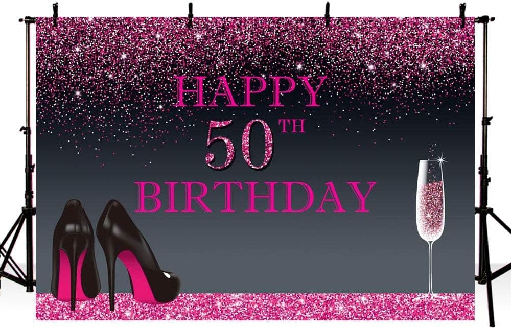 MEHOFOTO Photo Background Shining Pink Black High Heels Champagne Woman 50th Happy Birthday Party Banner Backdrops for Photography