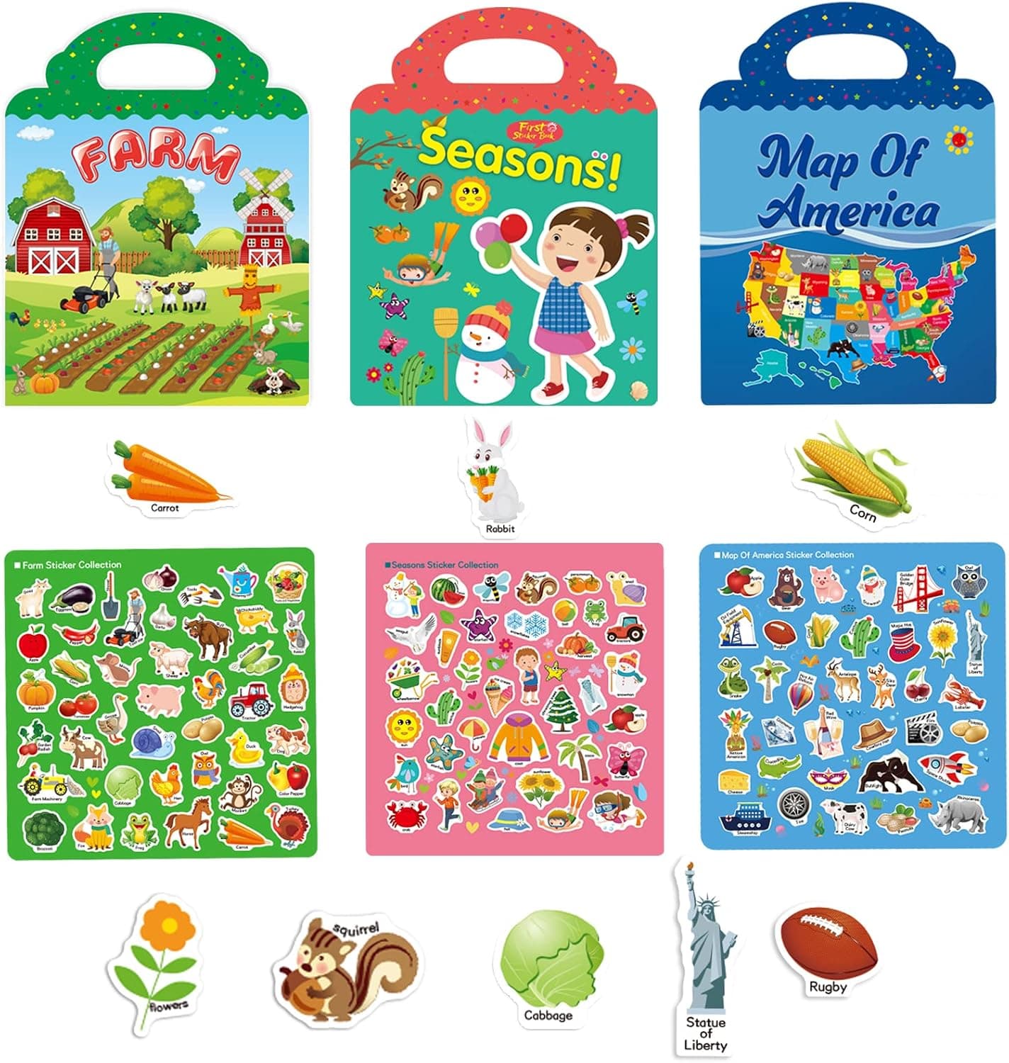 Sticker Book, Stickers for Kids, Toddler Books with Different Scenes, Reusable Learning Toys for Toddler Activities, Birthday Gifts for Kids (Farm+Seasons+Map of America)