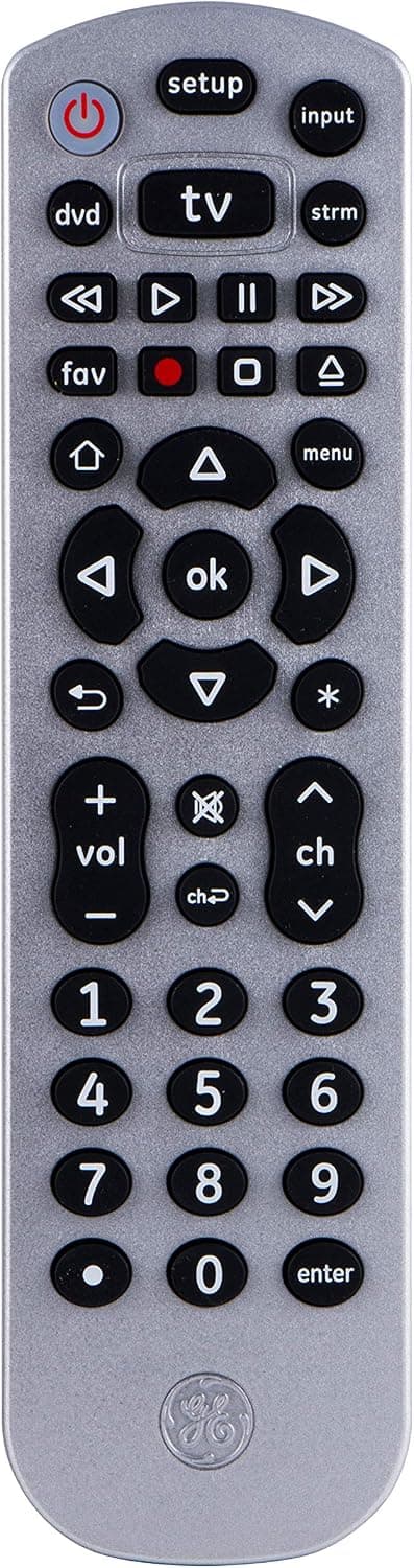 GE Universal Remote Control for Samsung, Vizio, Lg, Sony, Sharp, Roku, Apple TV, TLC, Panasonic, Smart TVs, Streaming Players, Blu-Ray, DVD, 3-Device, Silver, 34928