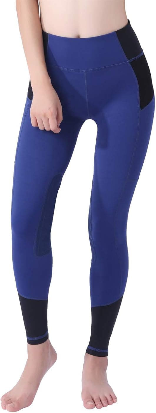 Okay Sports Women's Breathable Horse Riding Tights Knee Patch Grip Equestrian Pants Schooling Riding Breeches (Blue-Mesh, L)