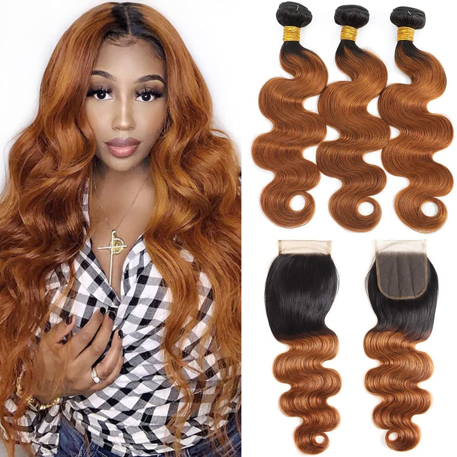 Body Wave Ombre Brown Human Hair Bundles with Closure 3 Bundles With 4X4 Lace Closure Free Part 10A Grade Brazilian Virgin Human Hair Wet Wavy Remy Human Hair 1B/30 Ombre Brown Hair Extensions（18 20 22＋16）