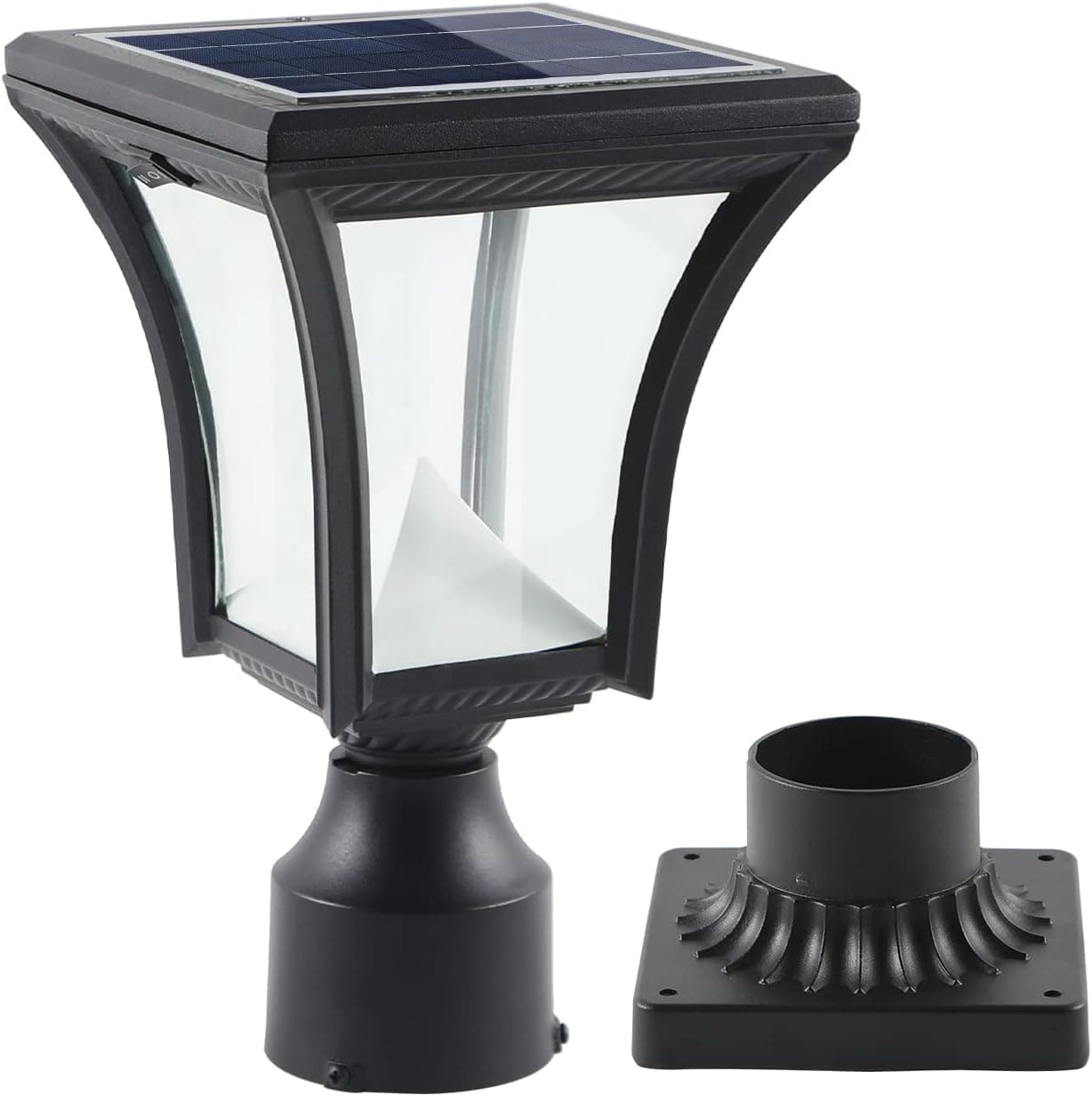 GYDZ Solar Post Light Outdoor, Exterior Solar Lamp Post Light with 3-Inch Base, Solar Pier Light Aluminum Housing with Clear Glass, Matte Black