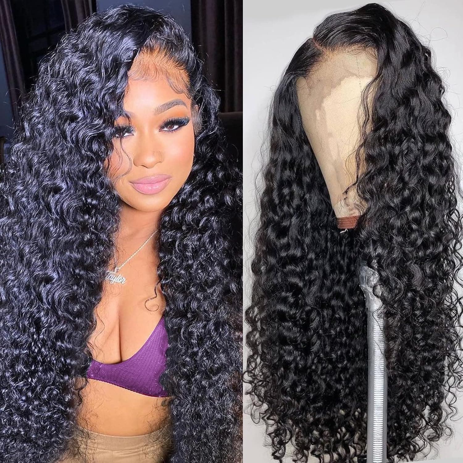 Deep Wave Lace Front Wigs Human Hair for Black Women 180% Density 4X4 Transparent Lace Closure Wigs Brazilian Wet and Wavy Lace Frontal Wigs Glueless Wigs Human Hair Pre Plucked with Baby Hair (18 Inch Natural Color)