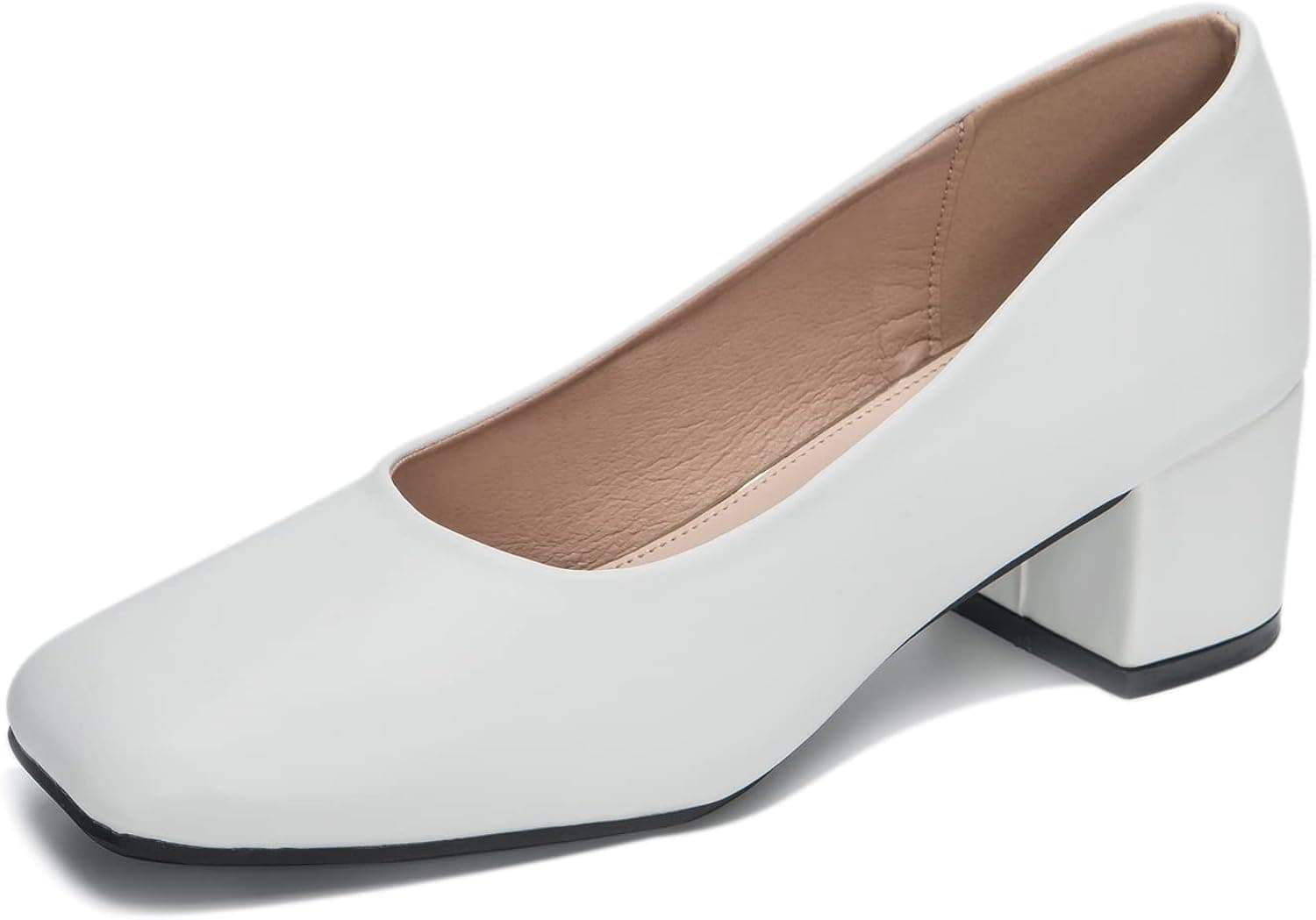 Women Mid Chunky Heels Pumps Square Toe Cushioned Rubber Sole Comfortable Slip On Work Dressy Shoes