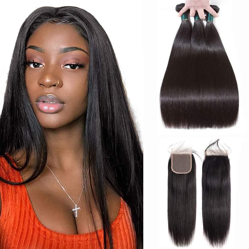 Prom Rosa Brazilian Straight Virgin Hair 3 Bundles With Closure Free Part (18 20 22 with 16inch) Grade 8A 100% Unprocessed Remy Human Hair Extensions Hair Weft Weave With Lace Closure Natural Color