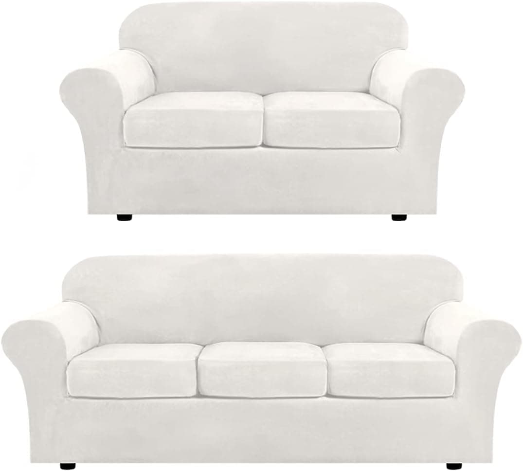 H.VERSAILTEX 4 Pieces Velvet Plush Sofa Slipcover Bundle 3 Pieces Velvet Plush Loveseat Cover, Off White