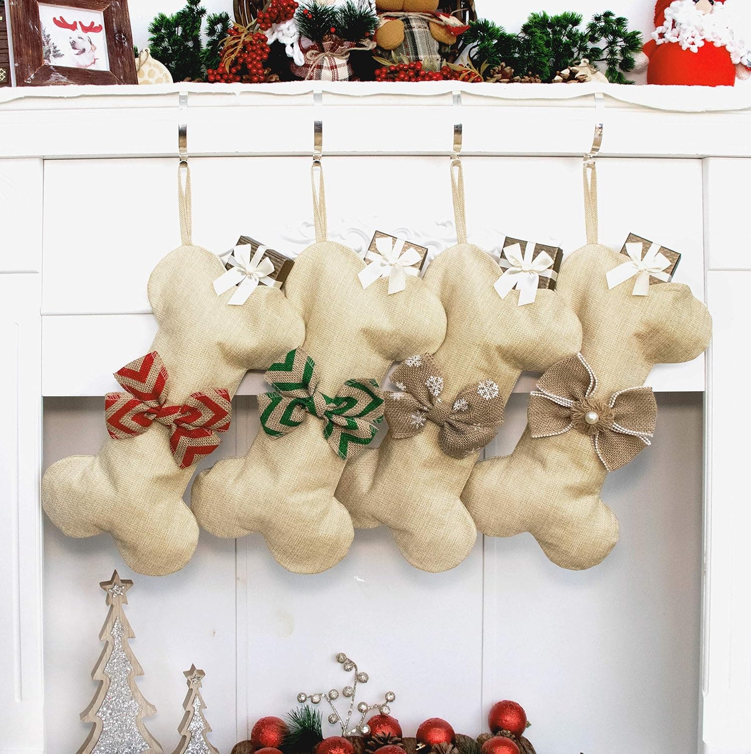 Beyond Your Thoughts New Linen Dog Bone Christmas Stockings for Pet Jute Natural Burlap Holidays-16 inches x 8 inches 2# Green Bowknot (1 Pack)