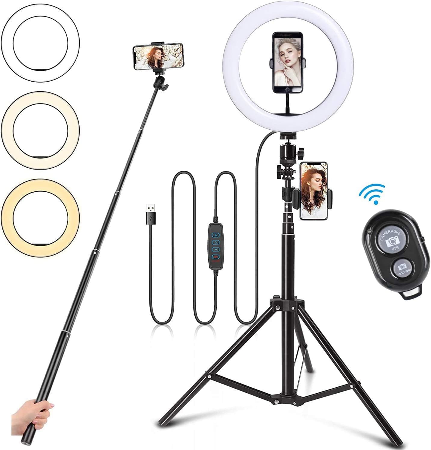 10.2 inch Selfie Ring Light with 63’’ Tripod Stand, led Selfie Ring Light with Phone Holders for Live Stream/Makeup/YouTube Video/TikTok，Compatible with All Phones