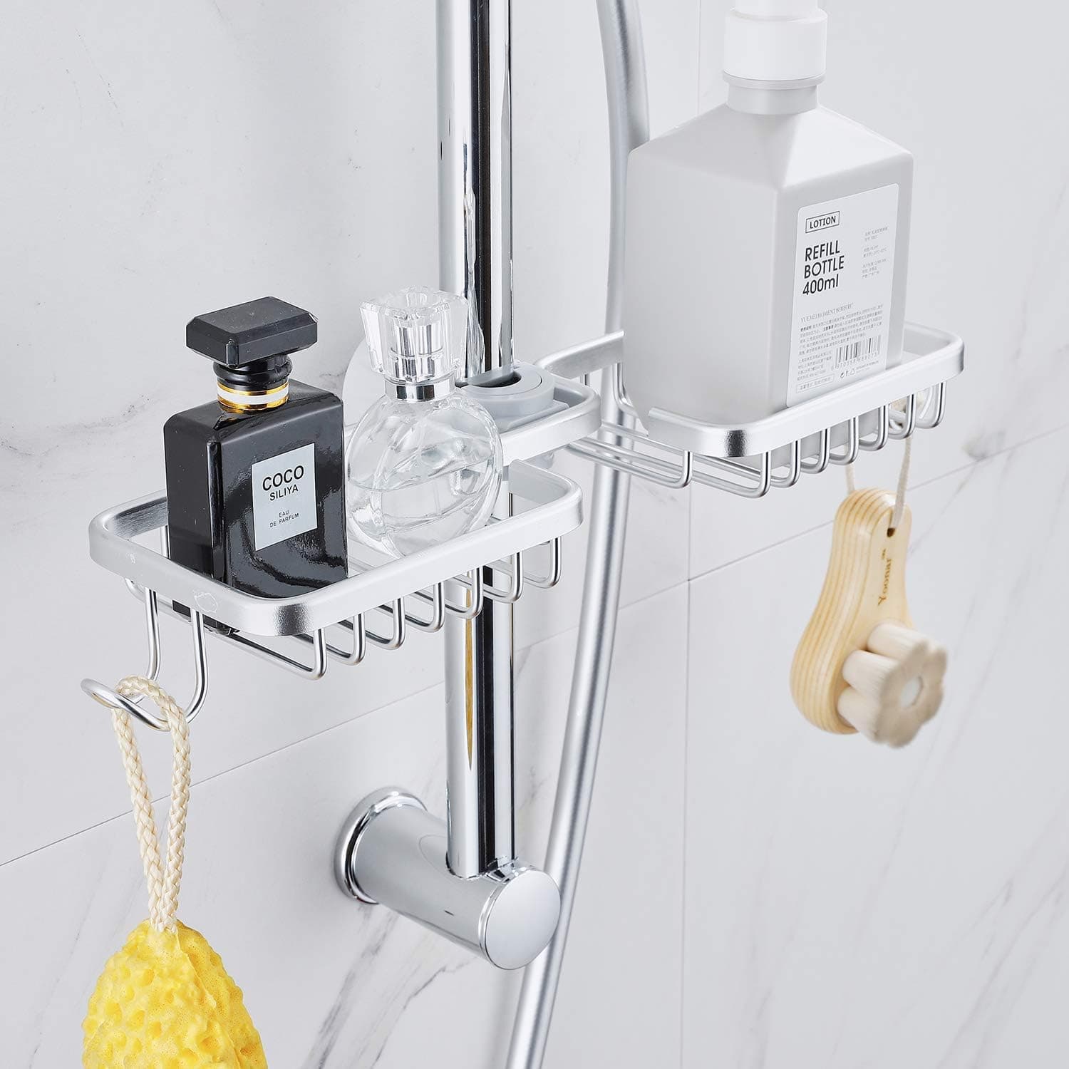 Faucet Shower Rod Assembled Shower Caddy Basket Kitchen Organizer Sponge Holder Bathball Hook Bright Silver Color
