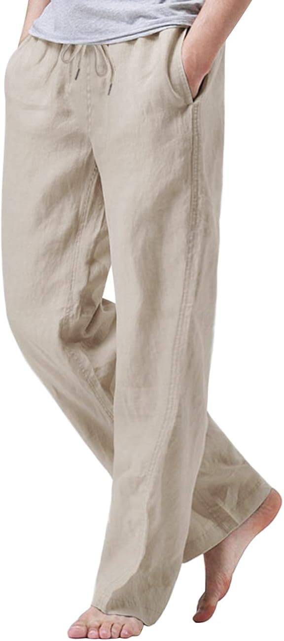 iWoo Mens Cotton Linen Drawstring Pants Elastic Waist Casual Jogger Yoga Pants