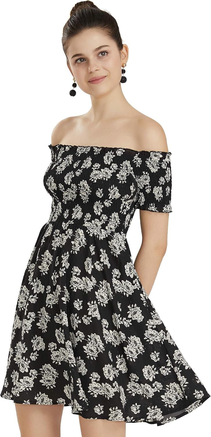 Apperloth Women's Sexy Off Shoulder Dress Floral Print Short Sleeve A-Line Fit and Flare Mini Dress