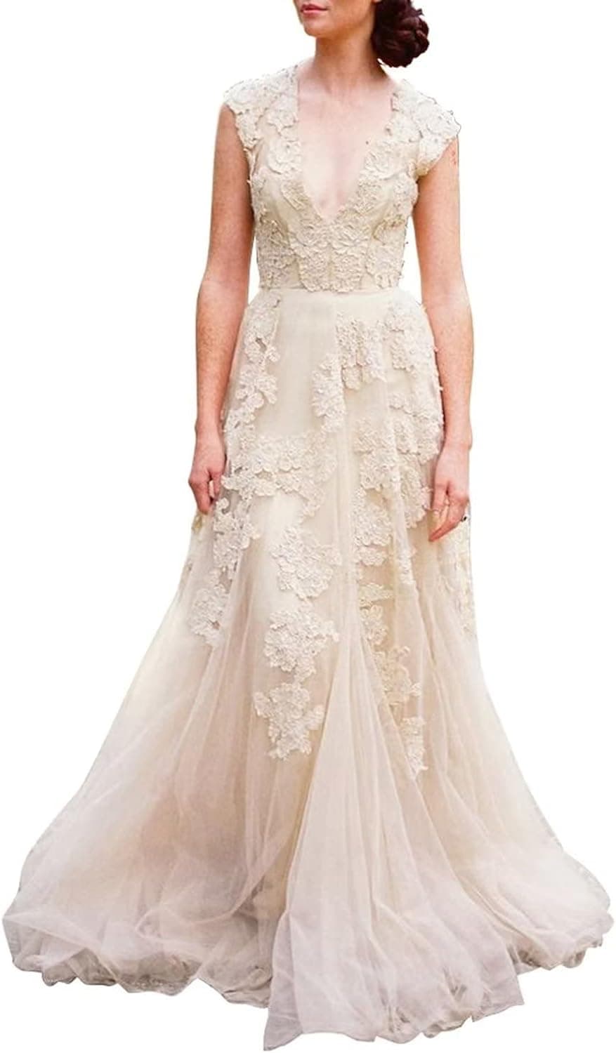 Ruolai Women’s Vintage Wedding Dress Cap Sleeves Lace Bridal Gown Beach Boho Wedding Gown