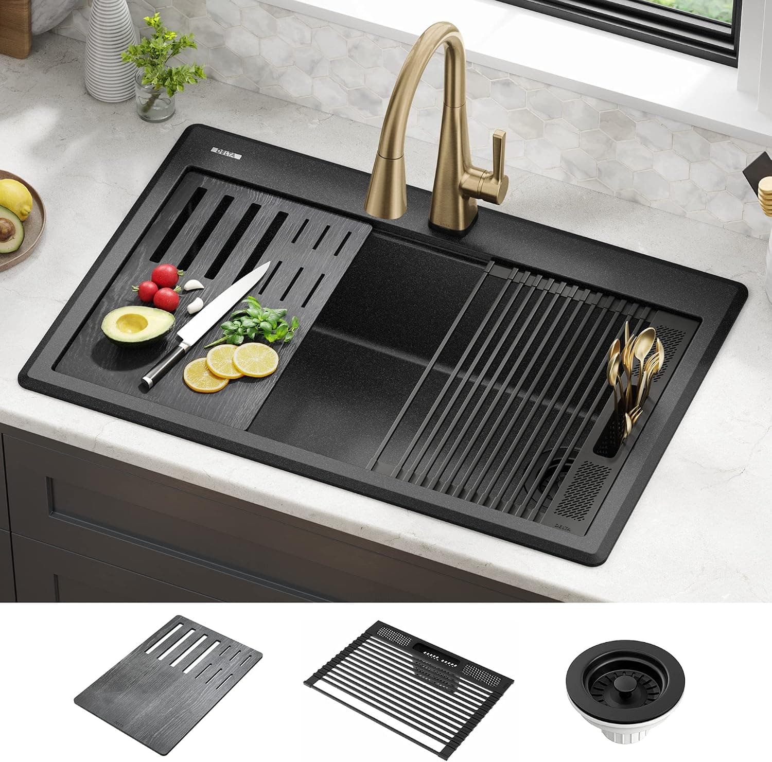 DELTA FAUCET Everest 33-inch Granite Composite Workstation Kitchen Sink Drop-In Top Mount Single Bowl with WorkFlow Ledge and Accessories in Metallic Black, 75A933-33S-BL