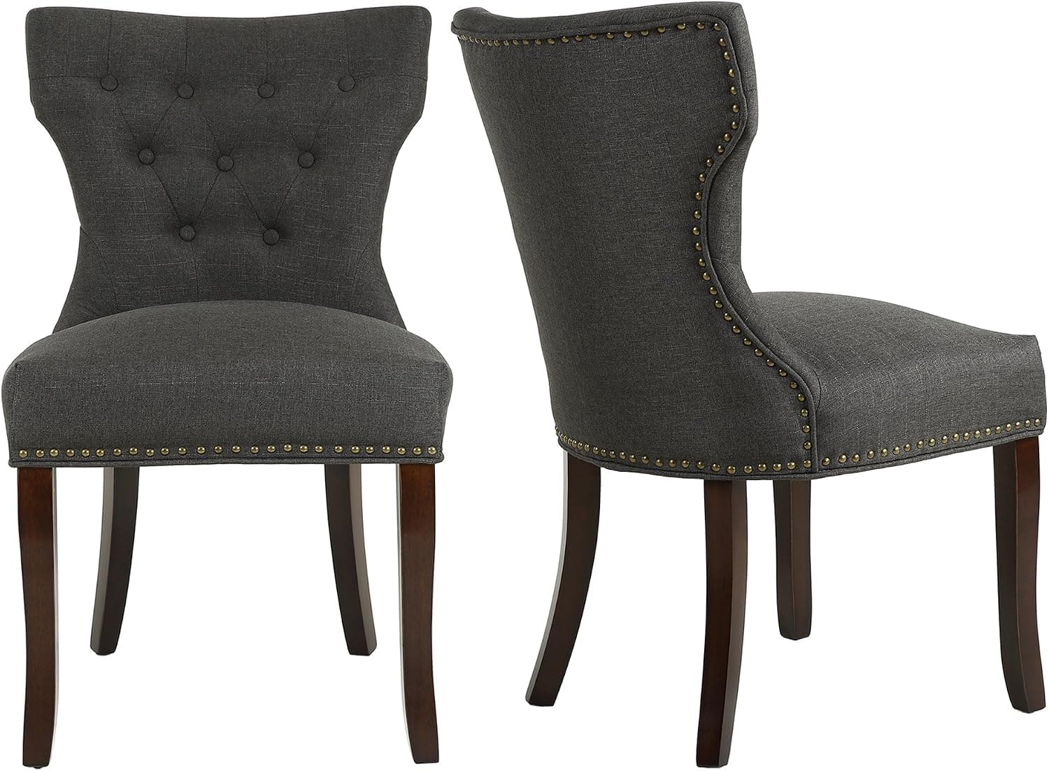 LSSBOUGHT Set of 2 Fabric Dining Chairs Leisure Padded Chairs with Brown Solid Wooden Legs,Nailed Trim,Charcoal