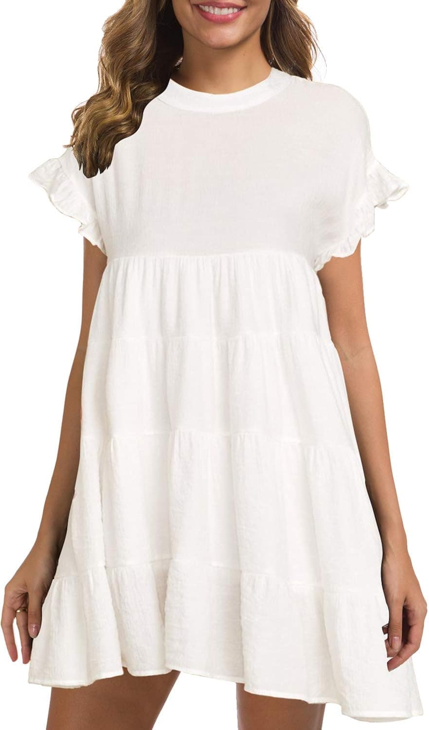MIHOLL Tiered Dress Summer Ruffle Babydoll Casual Loose Mini Dresses (Large, White)