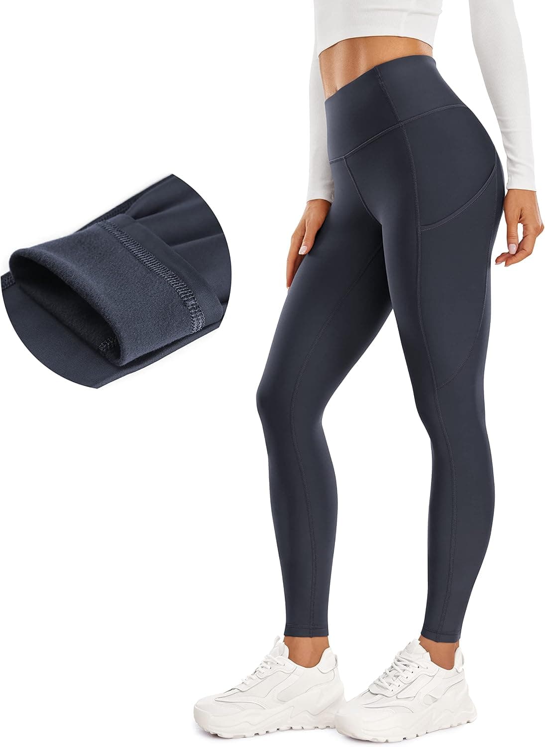 CRZ YOGA Thermal Fleece Lined Leggings Women 28'' - Winter Warm High Waisted Hiking Pants with Pockets Workout Running Tights