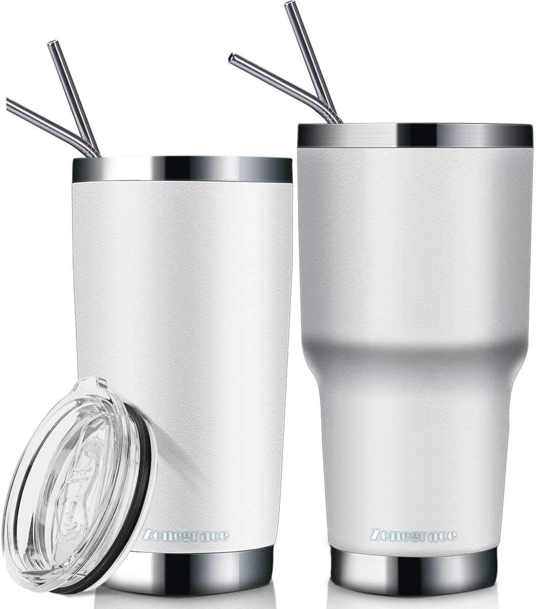 ZONEGRACE 2 Pack White 20 oz and 30 oz Classic Tumbler with Straw Lid Travel Mug Gift Vacuum Insulated Coffee Beer Pint Cup 18/8 Stainless Steel Water Bottle
