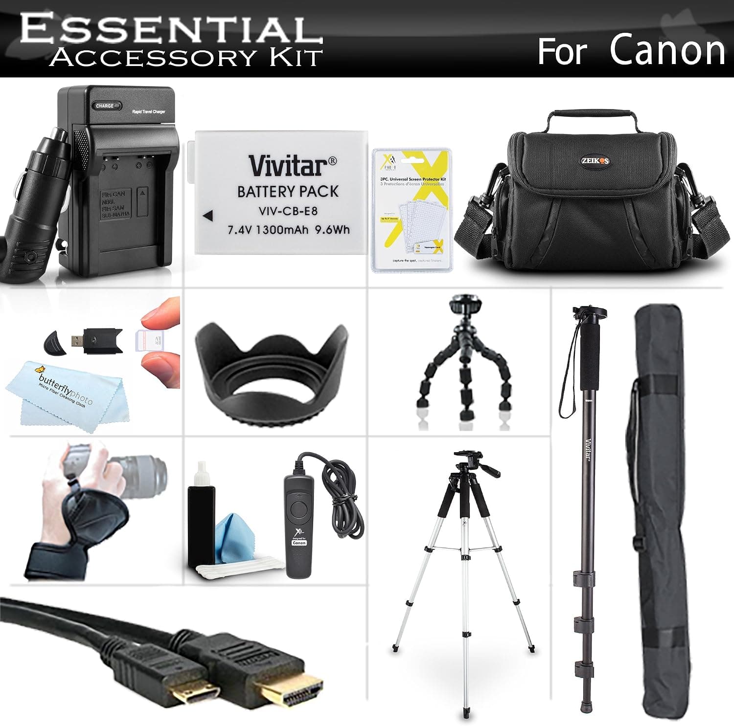 Essential Accessory Kit for Canon EOS Rebel T5i, T4i, T3i Digital SLR Camera Includes Replacement LP-E8 Battery + Charger + Case + Remote Switch + 57 Tripod + 10 Flexible Tripod + 67 Monopod + More