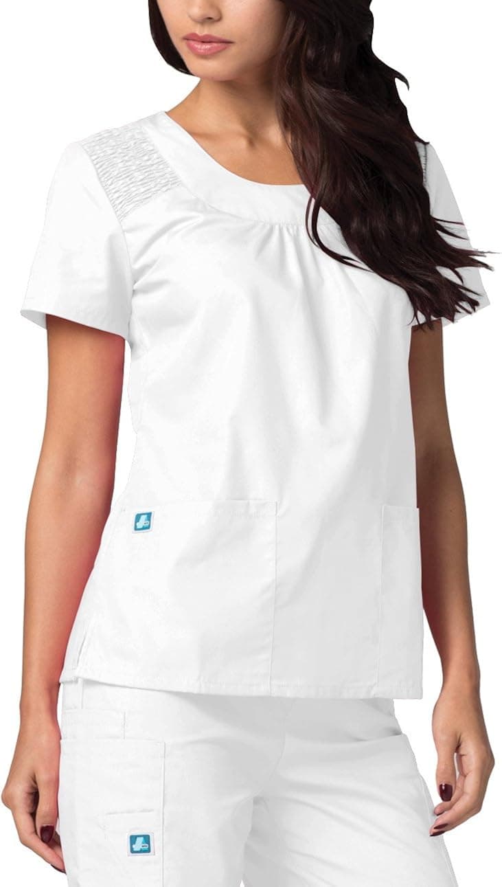 Adar Medical Women's Scoop Neck Smocked Solid Top - 627 - White - XS