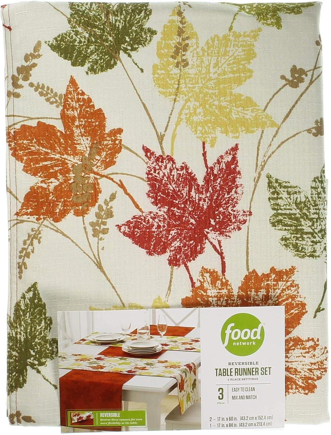 Food Network Thanksgiving Autumn Maple Leaves Reversible Fall Table Runner Set (3)