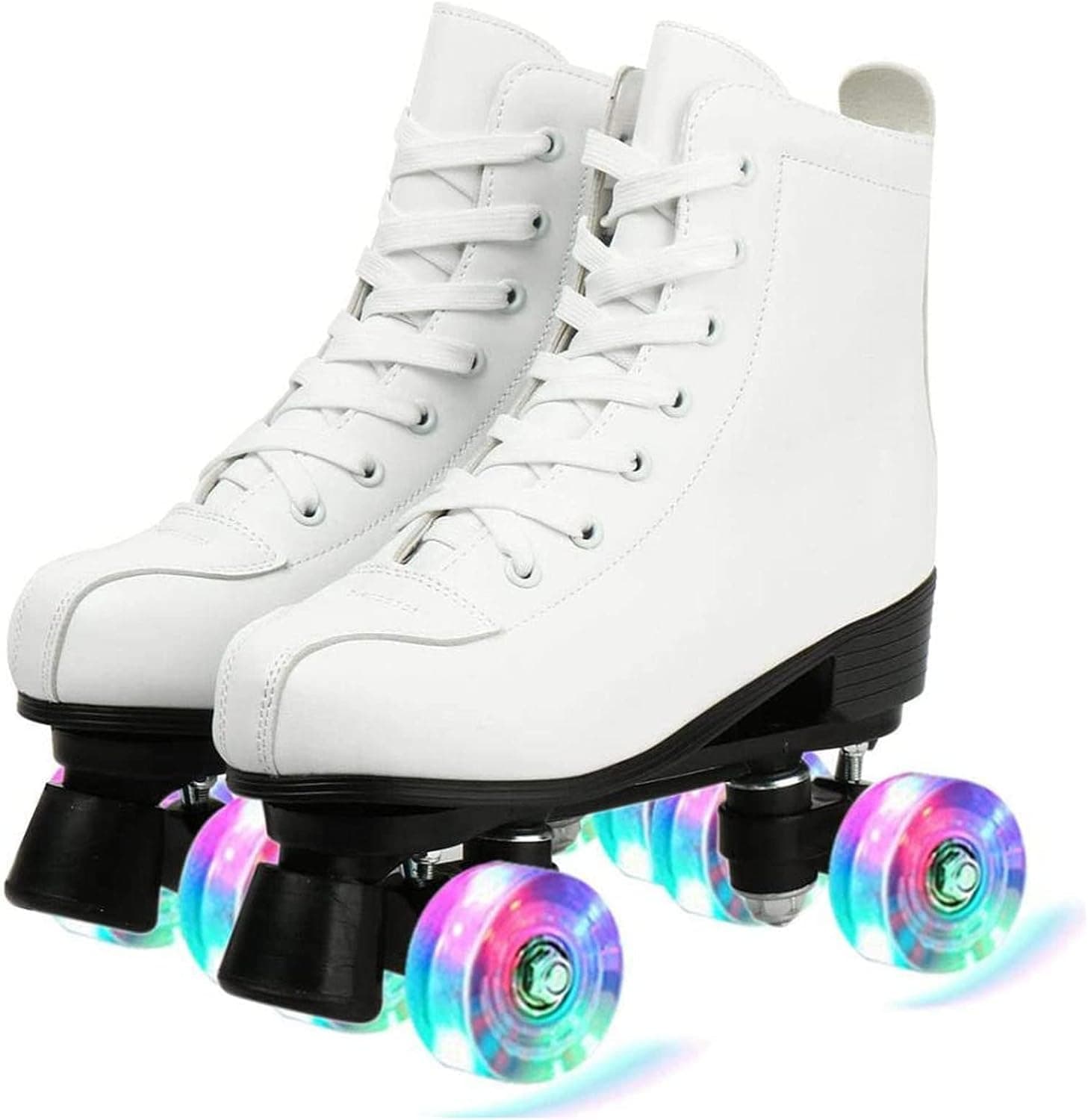 Roller Skates Adult Women, Outdoor Quad Skates with Light up Wheels, Classic Four-Wheel Adjustable High-top Roller Shoes for Girls/Men/Unisex/Beginners,白色-38