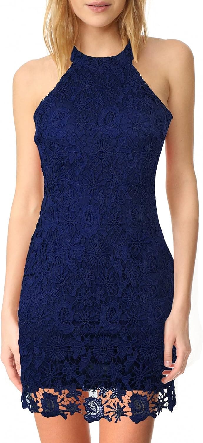 Berydress Women's Halter Neck Wedding Dress Midi Lace Party Cocktail Dress