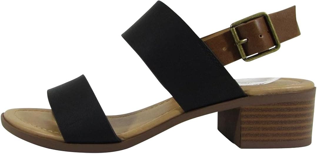 Cambridge Select Women's Open Toe Two Strap Buckle Slingback Chunky Stacked Block Mid Heel Sandal (7.5 B(M) US, Black/Tan)