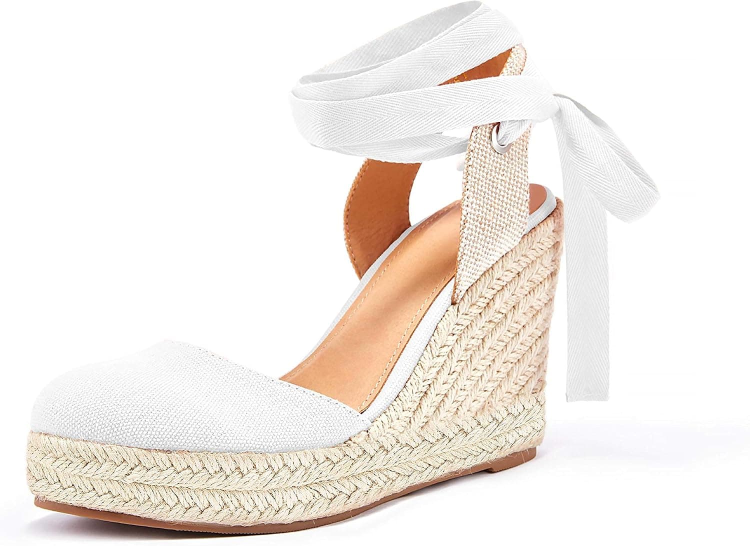 Nailyhome Womens' Espadrille Wedge Closed Toe Platform Lace Up Ankle Wrap Summer Sandals