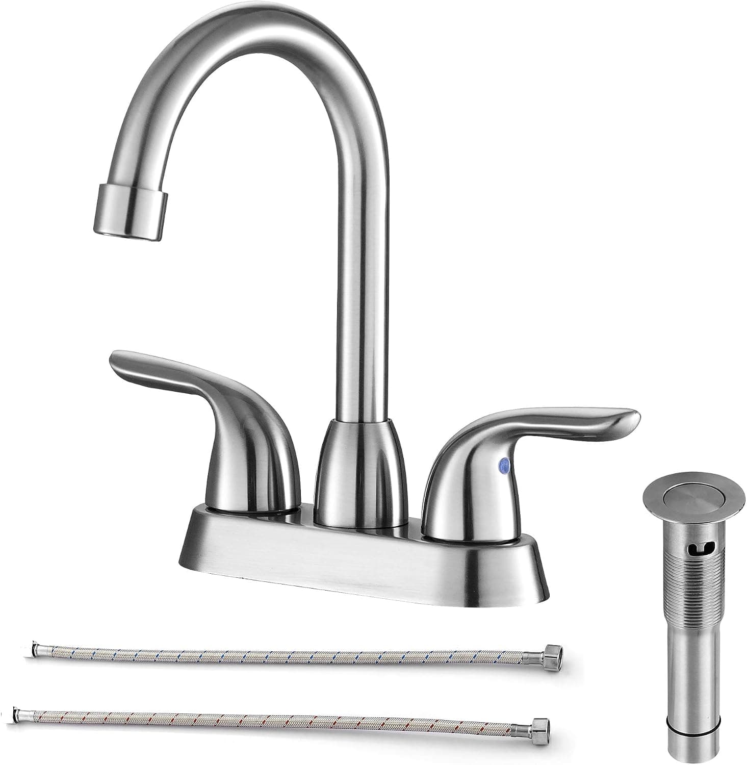 Bathroom Faucet - Lordear Bathroom Sink Faucet 2 Handle Brushed Nickel Lavatory Faucets Set with Pop-up Drain and Water Hoses