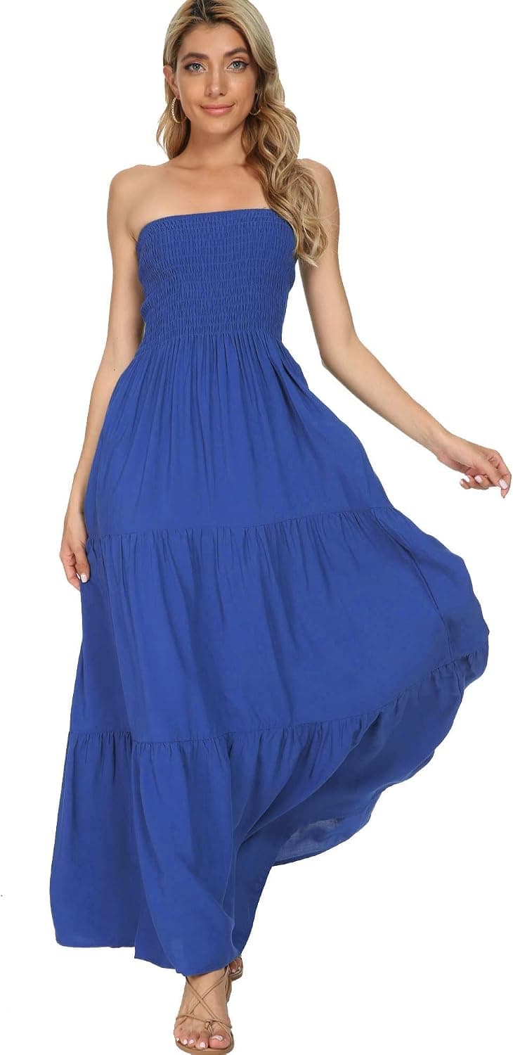 Panlido Women's Summer Boho Casual Maxi Long Dress Solid Color Strapless Party Beach Dress