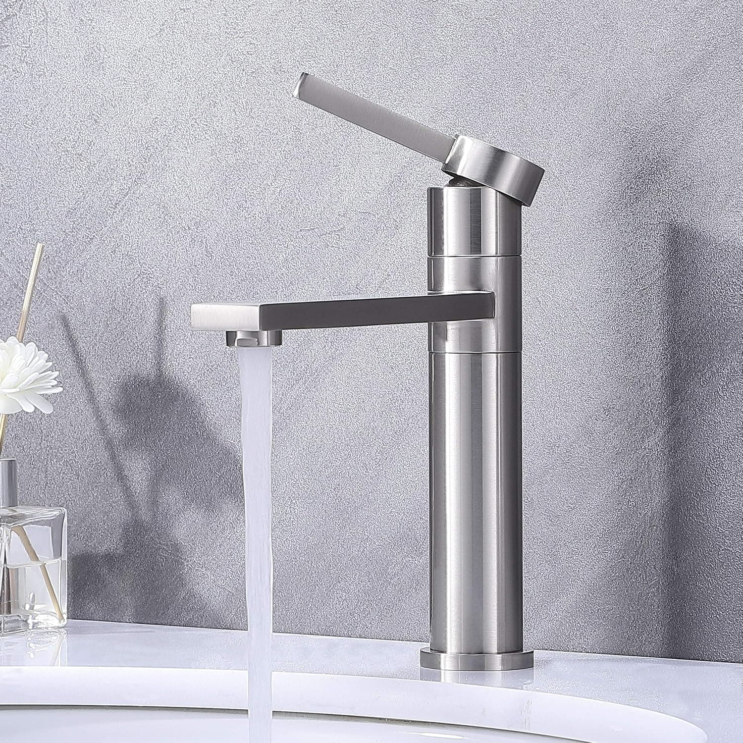 IKEBANA Modern Single Handle Brushed Nickel Bathroom Faucet,Best Single Hole Brass Stainless Steel Bathroom Sink Faucet,Commercial 360 Degree Swivel Spout Lavatory Vanity Bath Faucets with Hoses