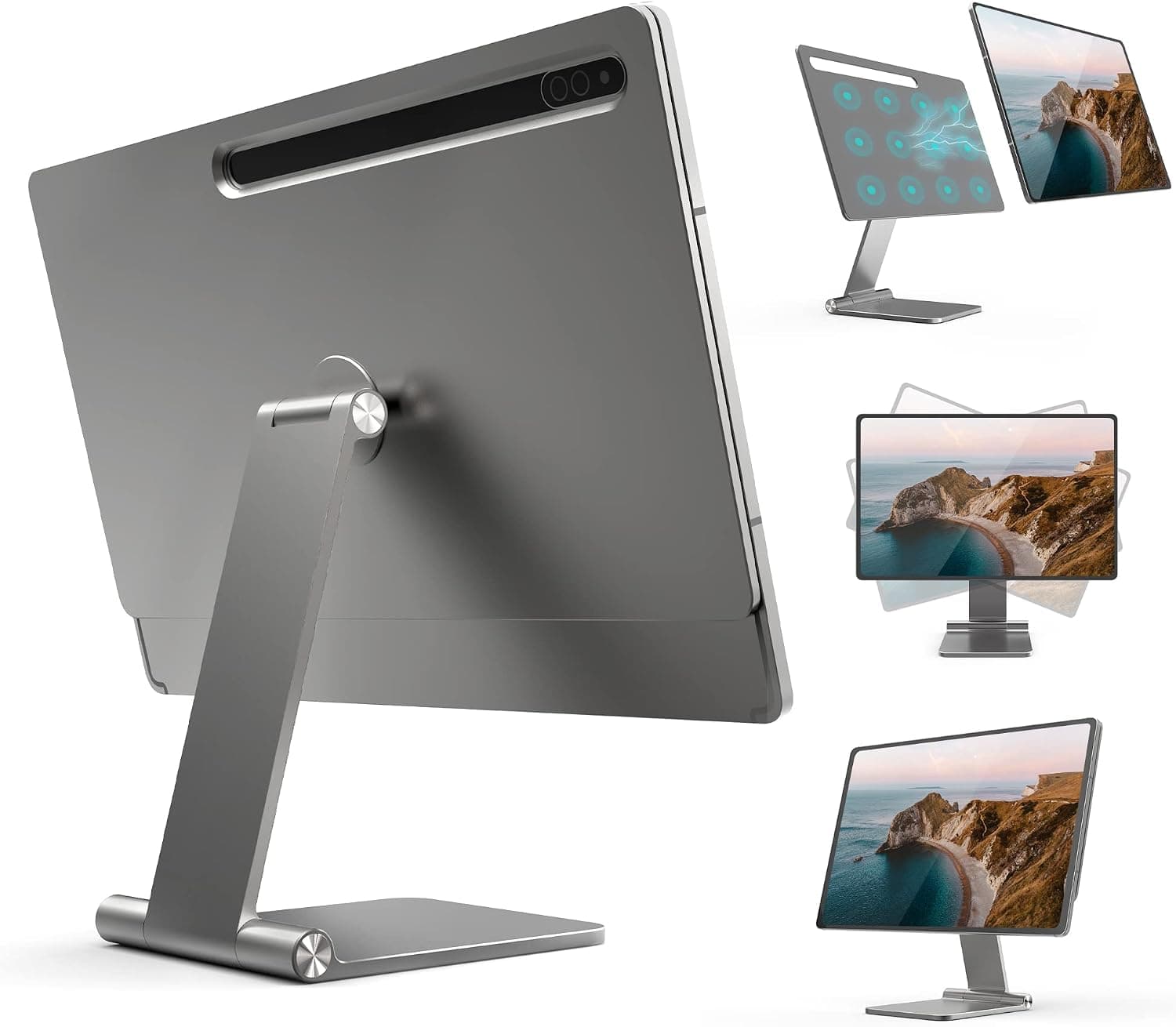 Pinikox Foldable Magnetic Tablet Stand Multi-Angle Adjustable for Samsung Galaxy Tab S8 Ultra 14.6 inch (2022), 360° Rotating Floating Portable Holder for Desk, Aluminum, Space Gray