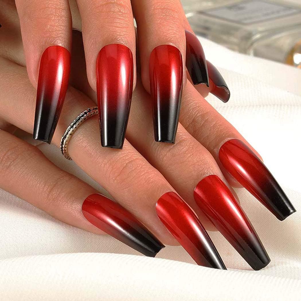 Bmadge Super Long Coffin Press on Nails Black Ombre Glossy Fake Nails Full Cover Ballerina Wedding Party Prom Artificial False Nails Tips for Women and Girls (24Pcs) (Red and Black Ombre)