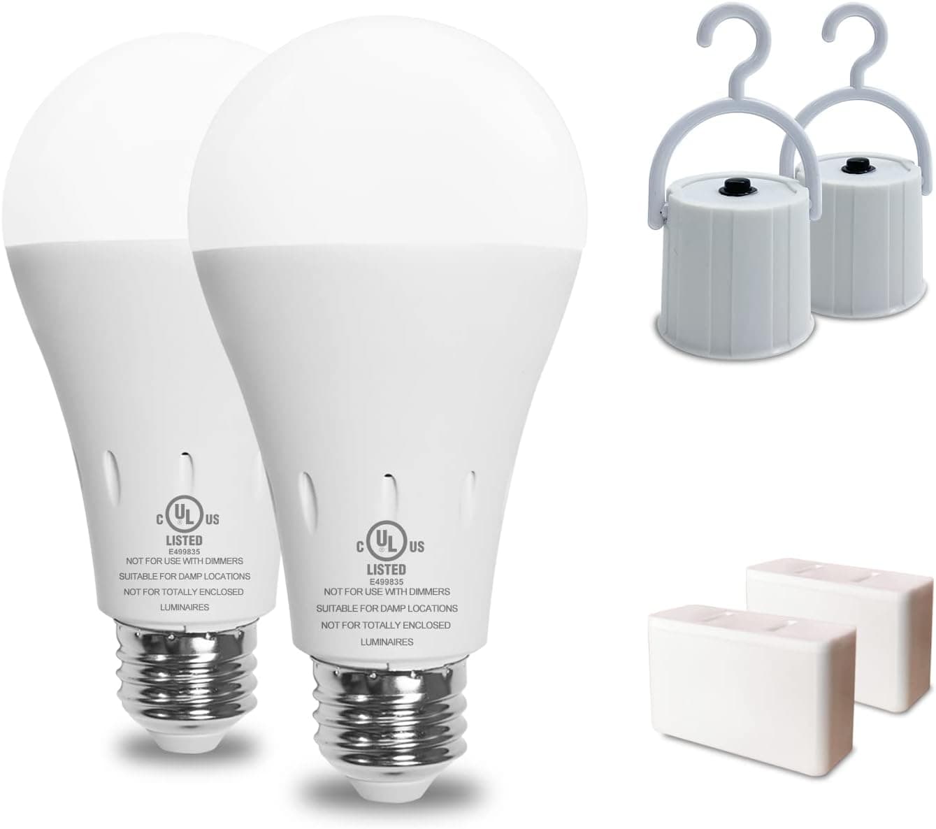 Rechargeable Light Bulb, GshionLyfe Emergency Light Bulbs for Power Outages Hurricane, 2 Dimmable 50% 100% Battery Backup Light Bulb Light up on Multi Bulbs Together 9W 850LM Cold White 5000K 120V E26