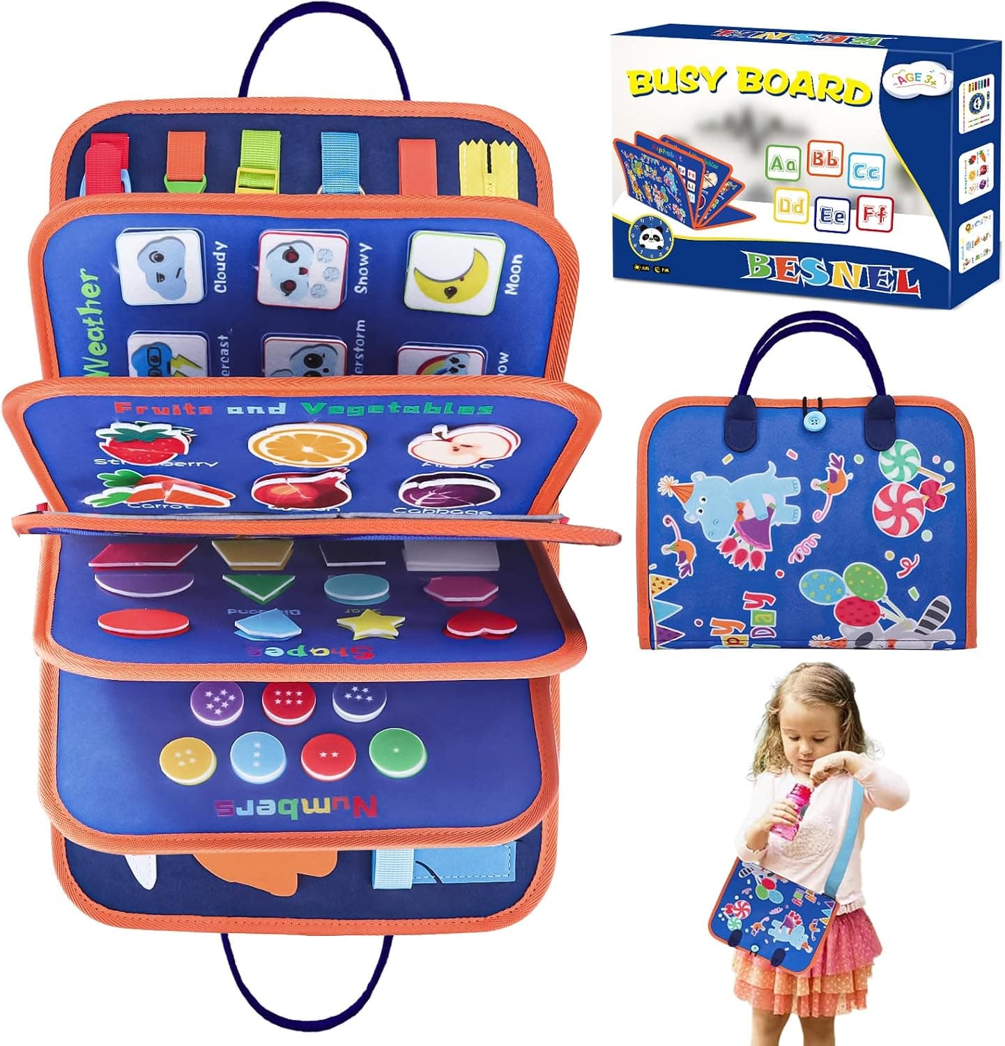 BESNEL Busy Board for Toddlers 2-4,Busy Book for Toddlers 1-3,Preschool Educational Activity Sensory Board for Learning Fine Motor Skills,Zipper Board for Toddlers 1-3,Gifts for Boys Girls